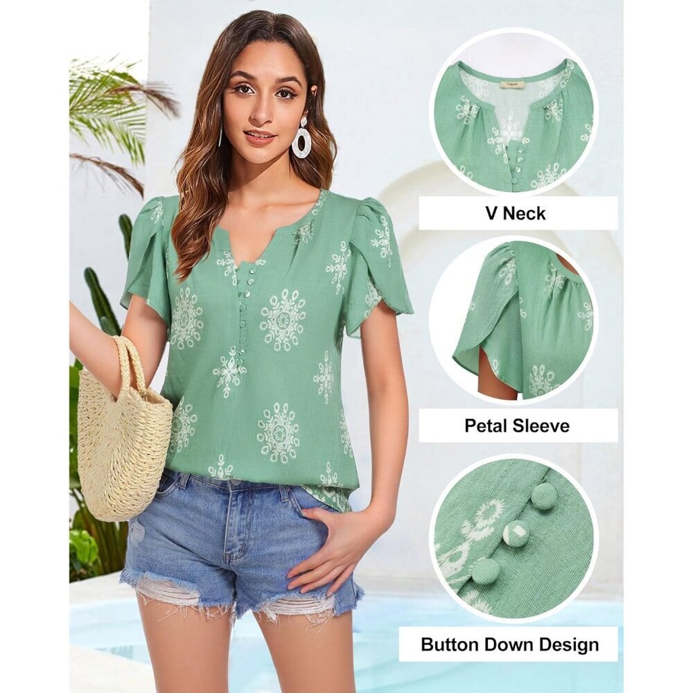 Womens Summer Boho Tops Short Sleeve Floral Blouses Button Down Beach Vacation - Picture 6 of 6